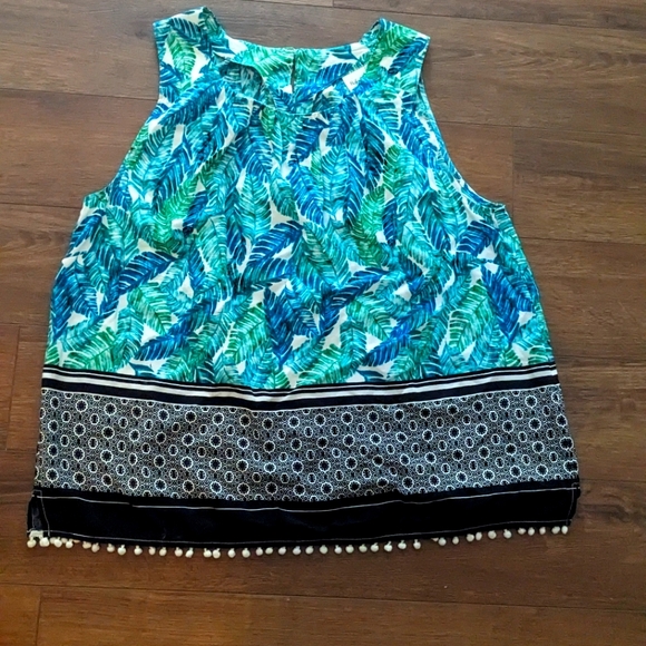 Rafaella Tops - Tropical print sleeveless top with white pompom‎ trim size xl